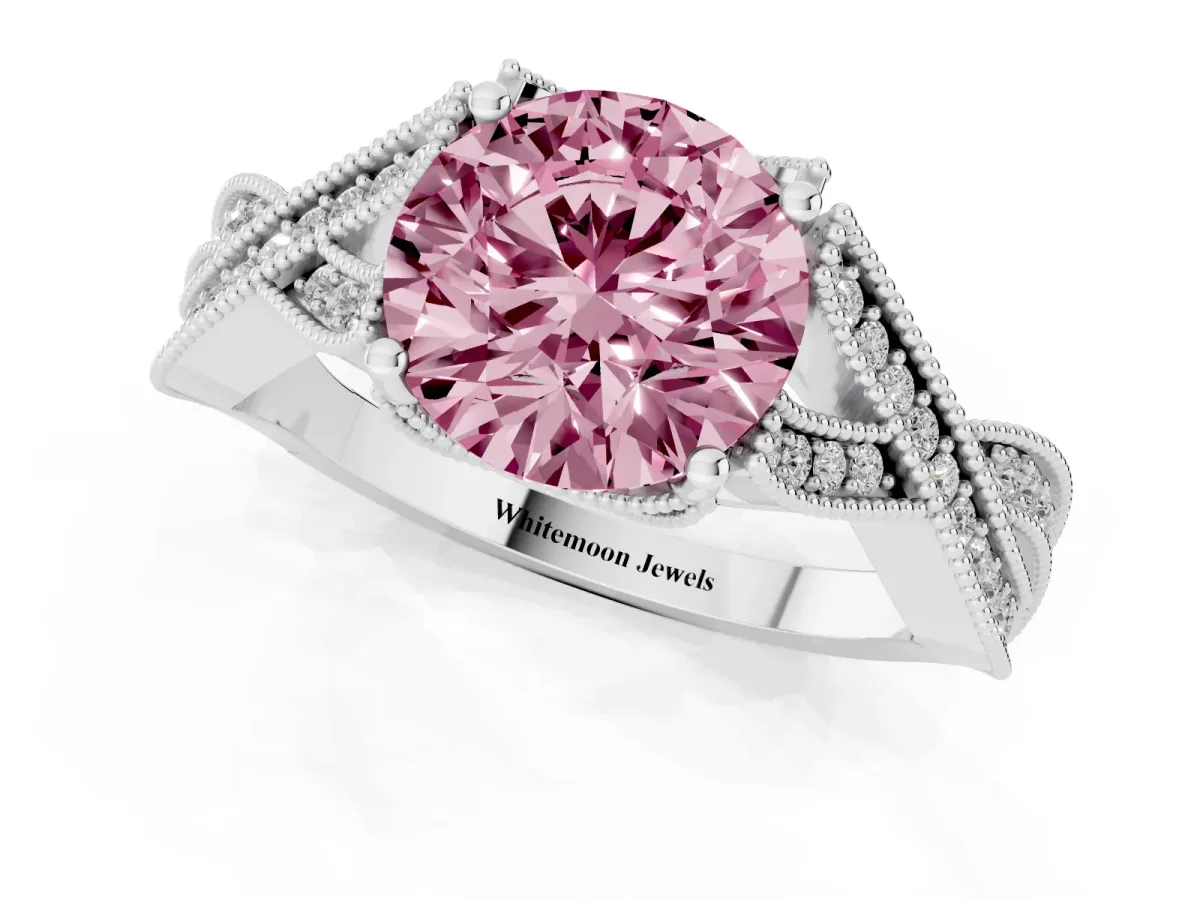 Fancy Pink Round Cut Cut Diamond Twisted Band with Milgrain Pave Setting and Four-Prong Setting Silver