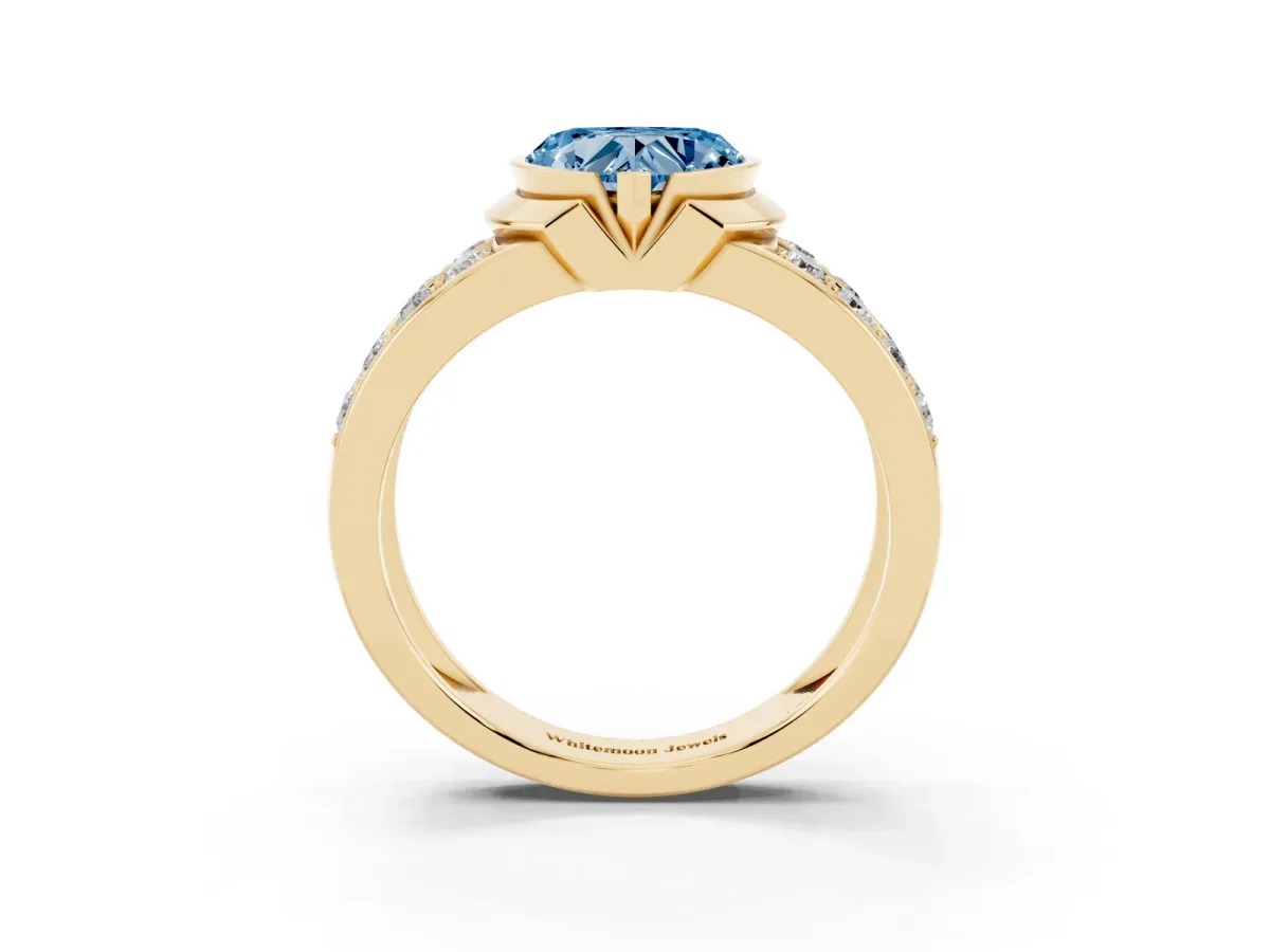 Fancy Blue Heart Cut Brilliant Diamond Channel Set Wide Band Ring with Bezel Setting Yellow gold