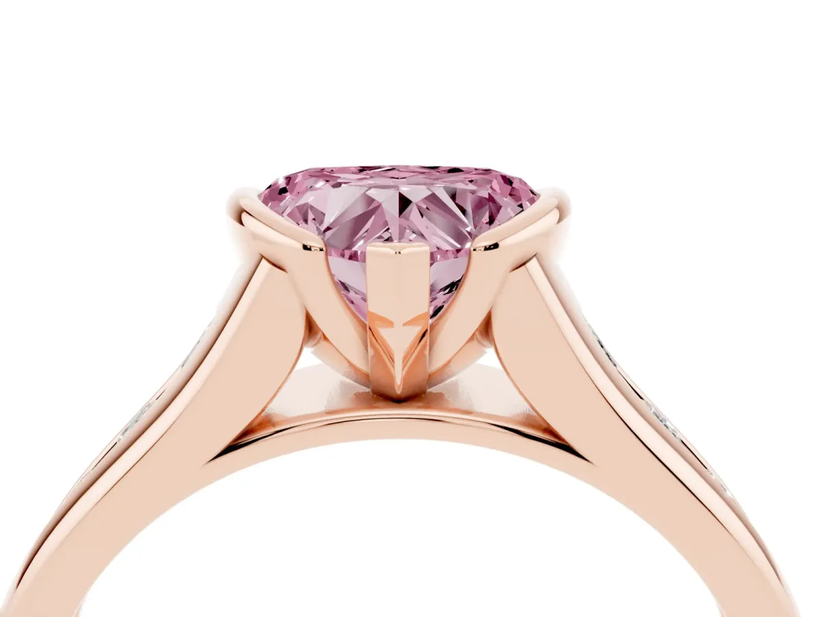 Fancy Pink Heart Cut Solitaire Bezel-Set Diamond Ring with Channel-Set Band Rose gold
