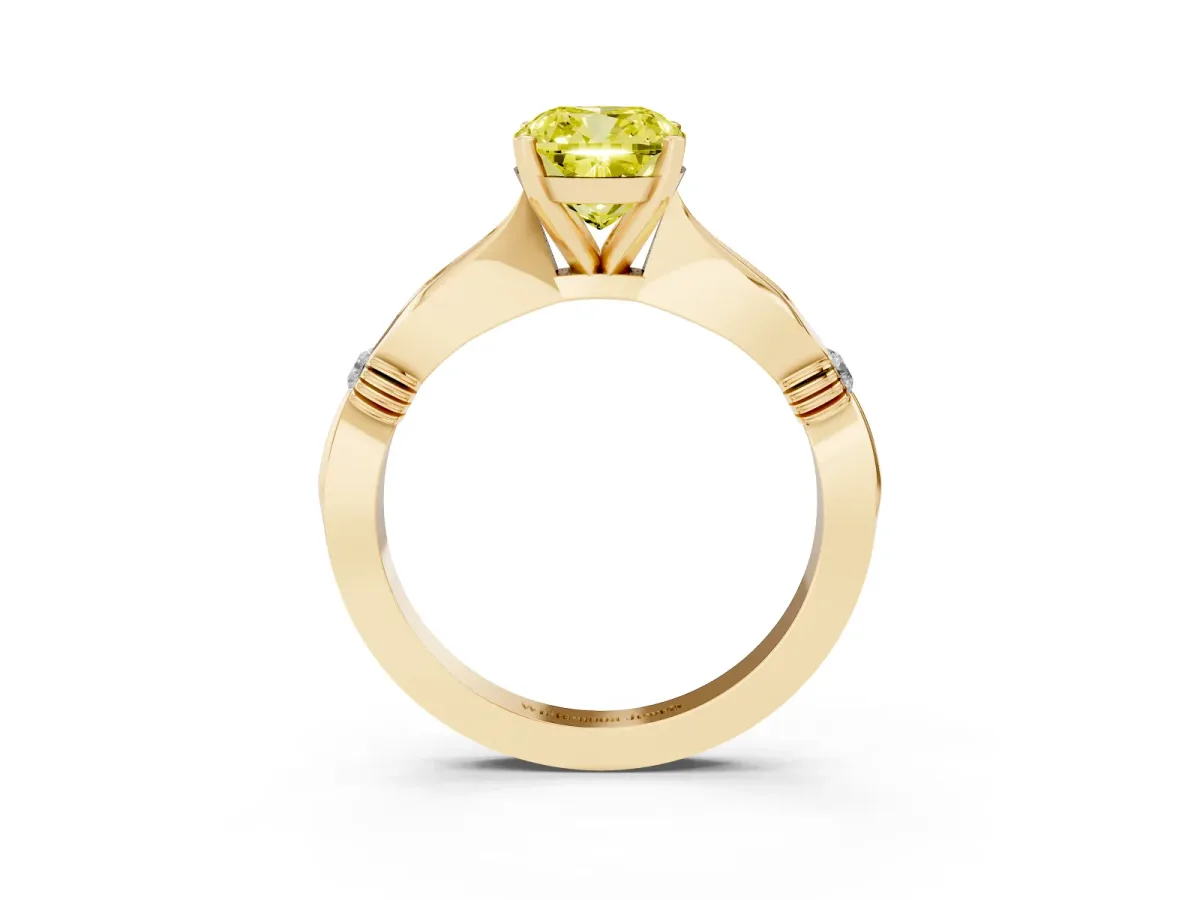 Fancy Yellow Cushion Cut Solitaire Diamond Twisted Band with Four-Prong Setting Yellow gold