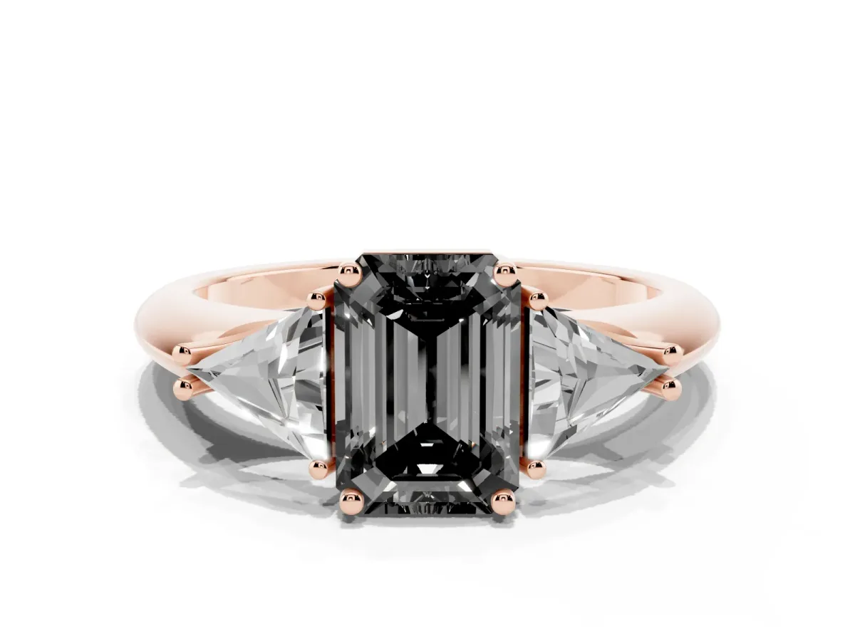 Fancy Black Three-Stone Emerald Cut Diamond Engagement Ring with Trillion Side Stones and Prong Setting Rose gold