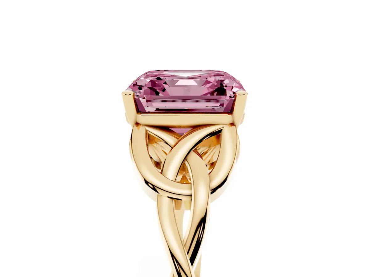 Fancy Pink Asscher Cut Diamond Solitaire Engagement Ring with Celtic Knot Band and Four-Prong Setting Yellow gold