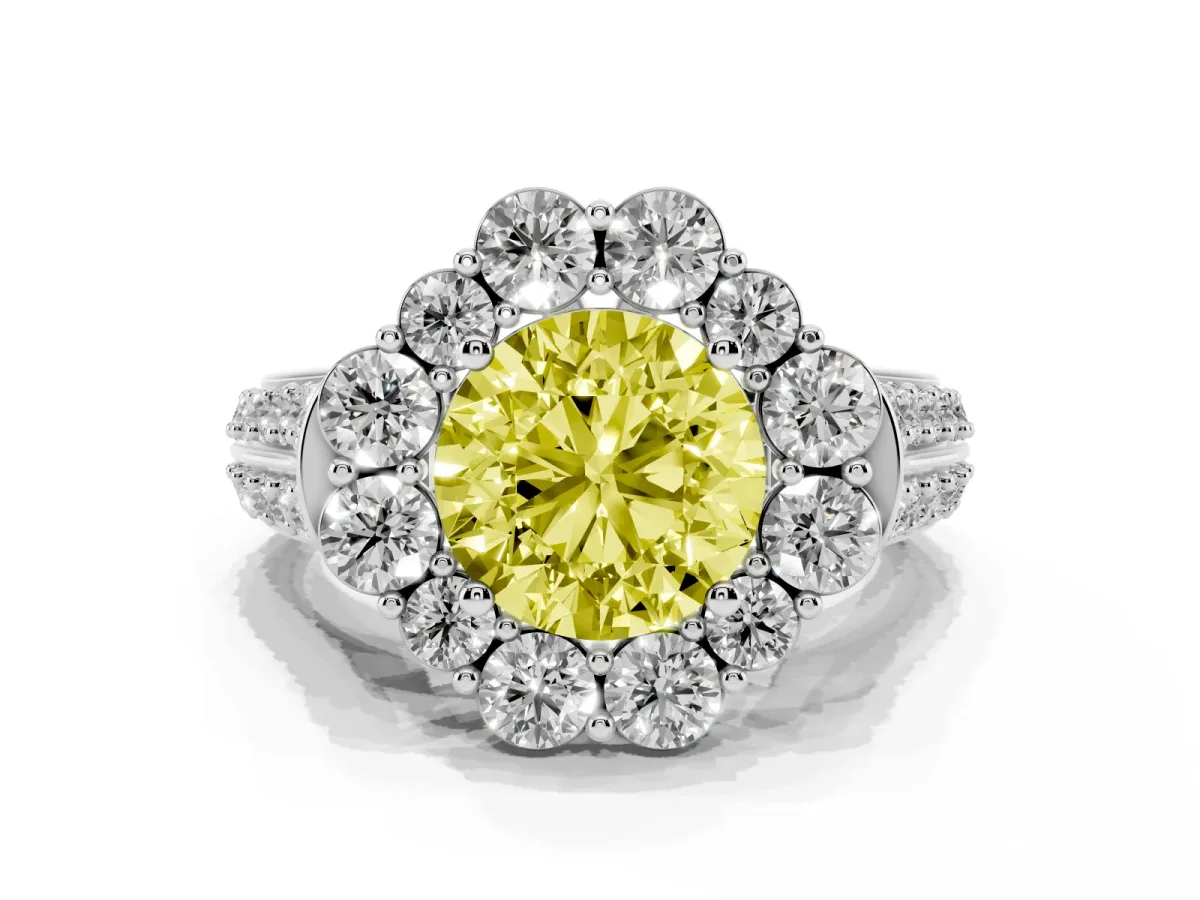 Fancy Yellow Round Cut Halo Diamond Engagement Ring with Split Shank and Prong Setting Silver
