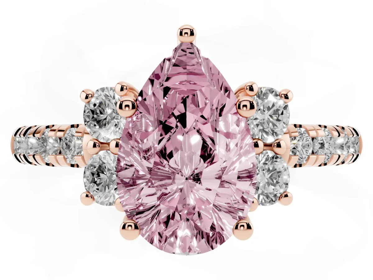 Fancy Pink Pear Cut Diamond Three-Stone Pave Band with Four-Prong Setting Rose gold