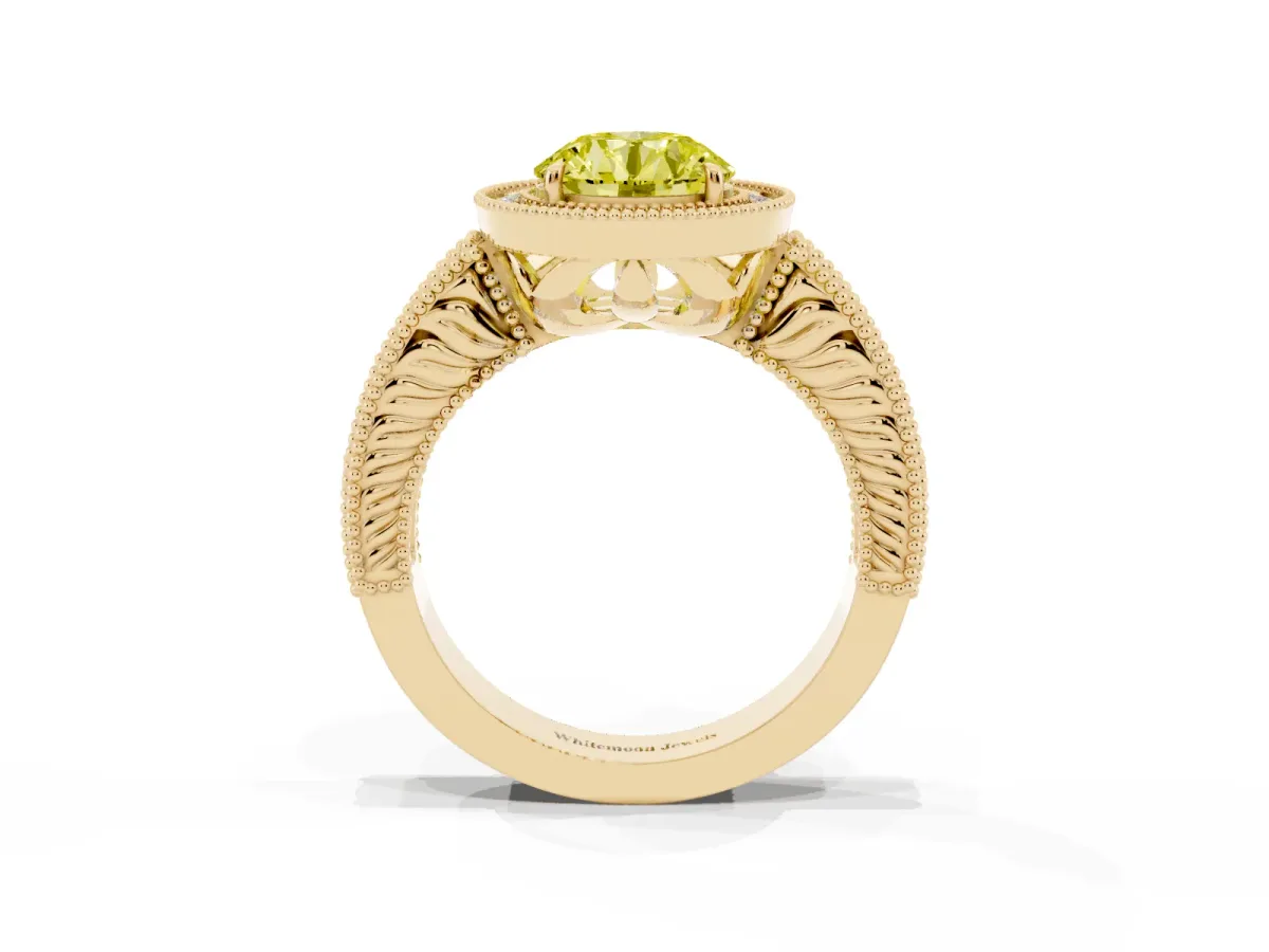 Fancy Yellow Round Cut Cut Halo Diamond Ring with Pavé Band and Four-Prong Setting Yellow gold