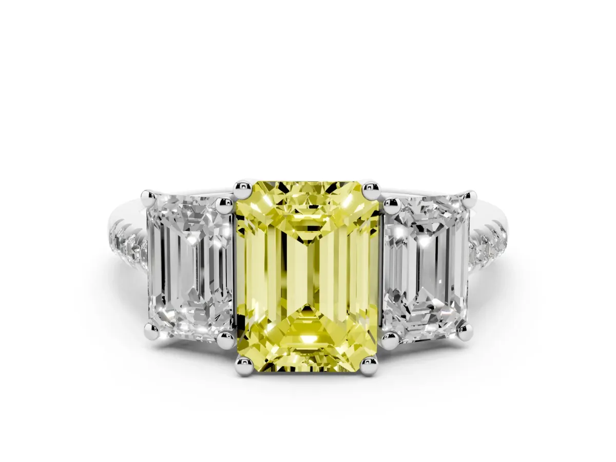 Fancy Yellow Three-Stone Emerald Cut Diamond Ring with Round Pavé Band and Prong Setting Silver