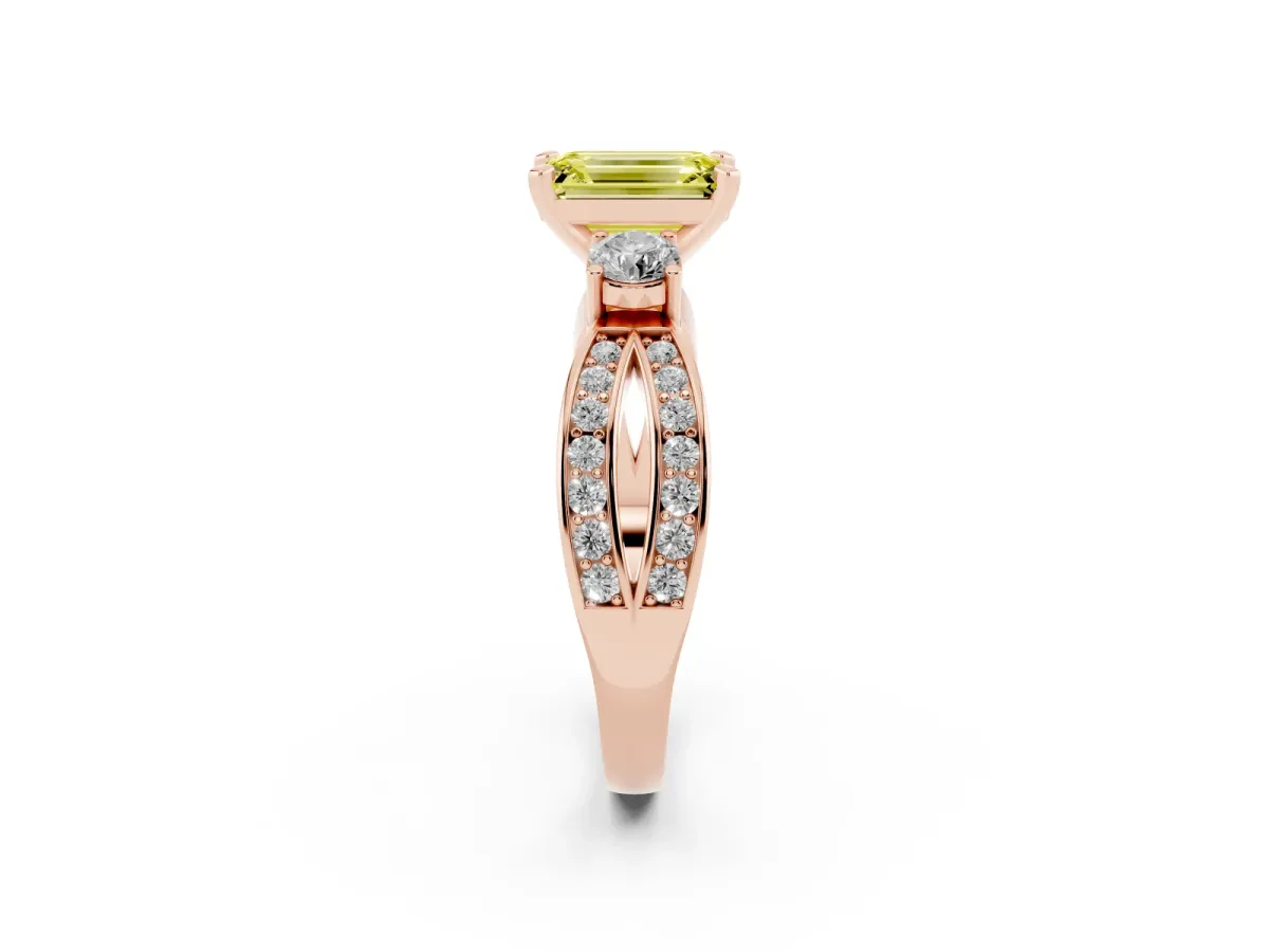 Fancy Yellow Three-Stone Emerald Cut Cut Diamond Twist Band with Prong Setting Rose gold