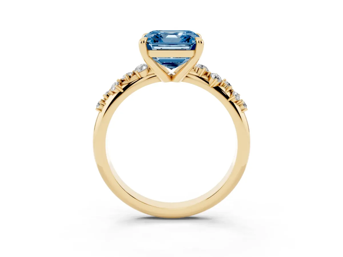 Fancy Blue Asscher Cut Cut Diamond Vine Band with Four-Prong Setting Yellow gold