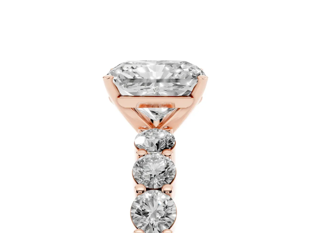 Radiant Cut Diamond Solitaire Ring with Shared Prong Round Side Stones Rose gold