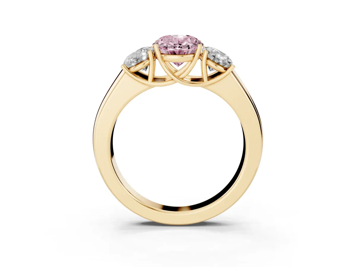 Fancy Pink Three-Stone Oval Cut Cut Diamond Ring with Prong Setting and Classic Band Yellow gold