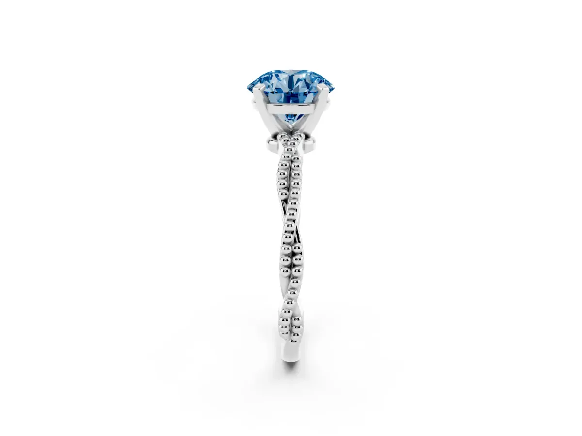Fancy Blue Round Cut Solitaire Twisted Band with Bead Prong Setting Silver