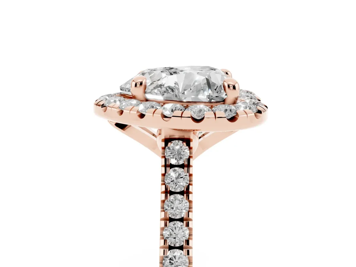 Heart Cut Diamond Cushion Halo Ring with Pavé Band Rose gold