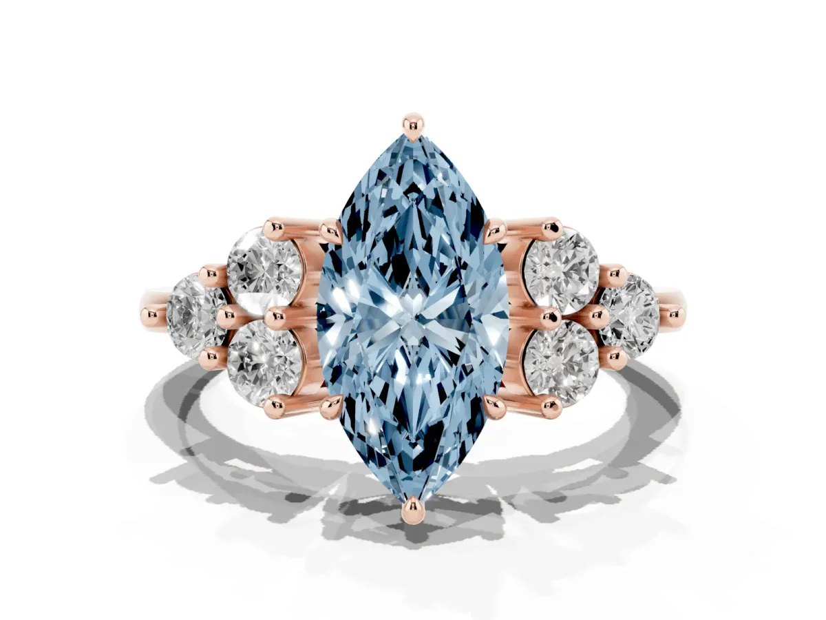 Fancy Blue Marquise Cut Brilliant Diamond Cluster Accent Solitaire Ring with Prong Setting Rose gold
