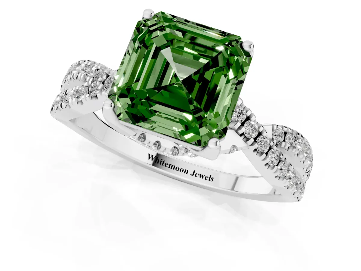Fancy Green Asscher Cut Solitaire Twist Pave Diamond Engagement Ring with Prong Setting Silver