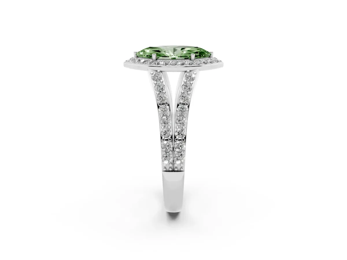 Fancy Green Marquise Cut Diamond Split Shank Halo Ring with Four-Prong Setting Platinum