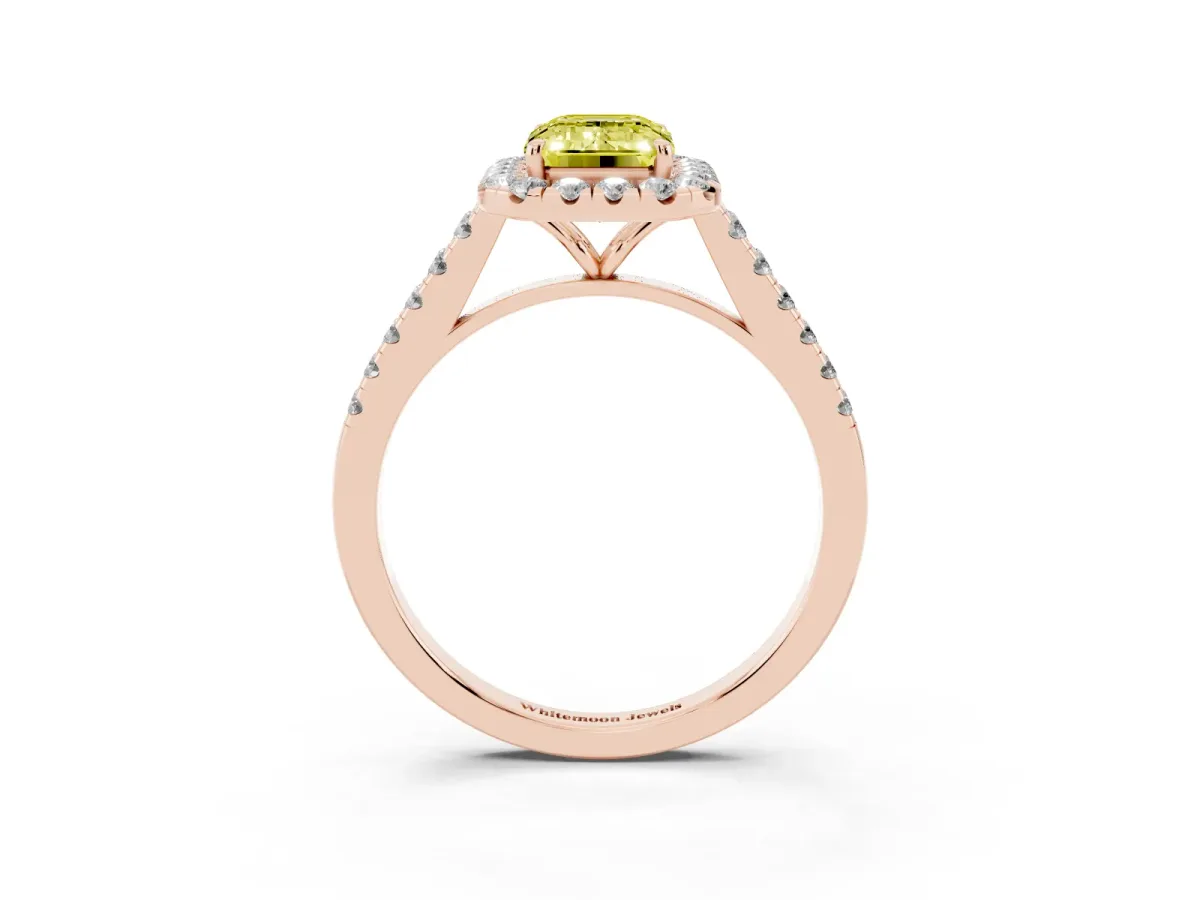 Fancy Yellow Emerald Cut Halo Pave Diamond Engagement Ring with Four-Prong Setting Rose gold