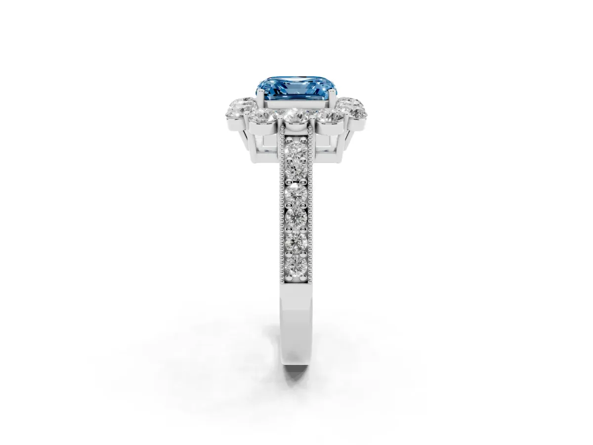 Fancy Blue Asscher Cut Cut Halo Diamond Pavé Engagement Ring with Milgrain Detailing Platinum
