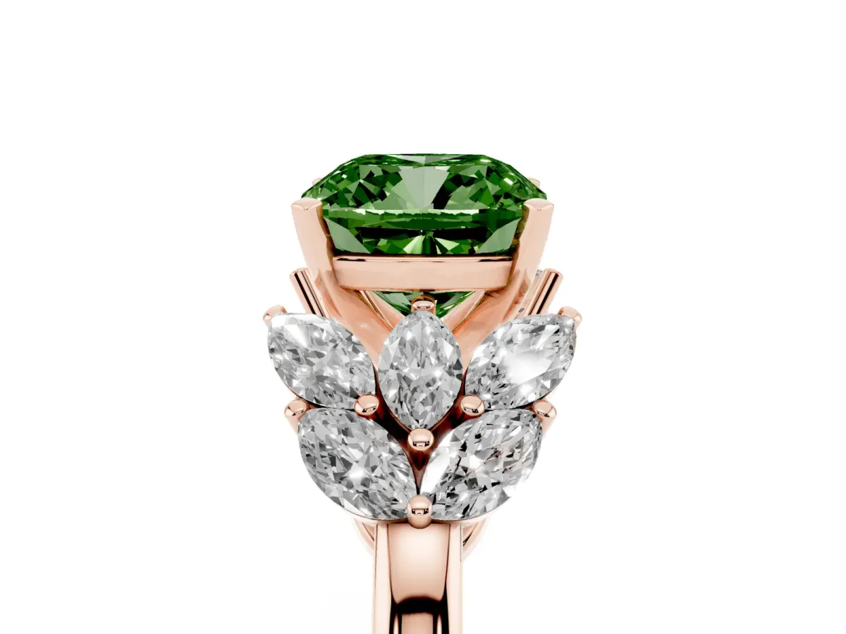 Fancy Green Cushion Cut Diamond Cluster Leaf Design Ring with Prong Setting Rose gold