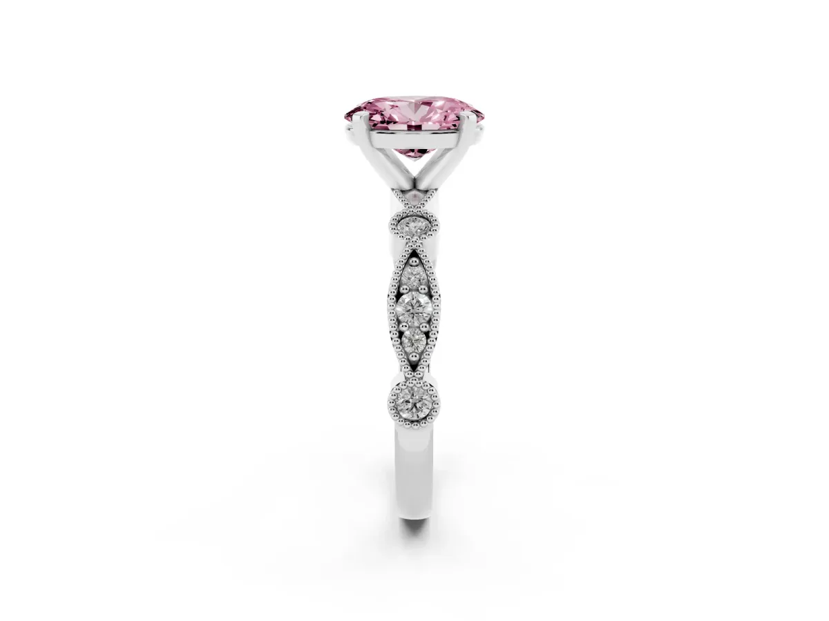 Fancy Pink Oval Cut Milgrain Bezel Diamond Engagement Ring with Solitaire Prong Setting Platinum
