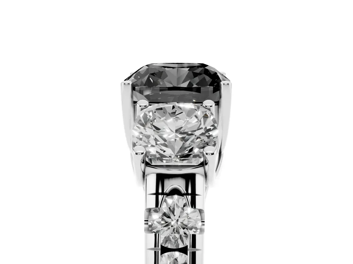 Fancy Black Three-Stone Cushion Cut Diamond Pavé Band with Prong Setting Platinum