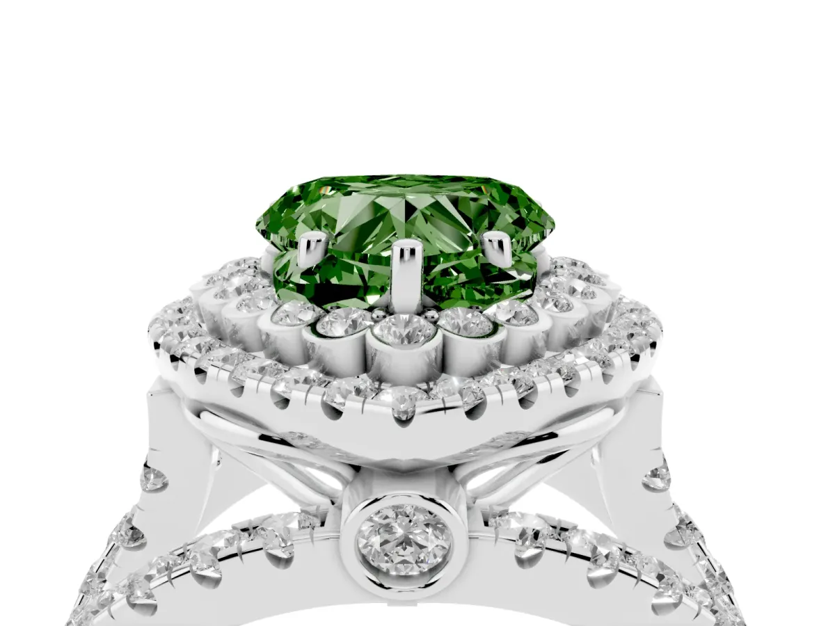 Fancy Green Heart Cut Diamond Double Halo Ring with Round Pavé Split Shank and Prong Setting Silver
