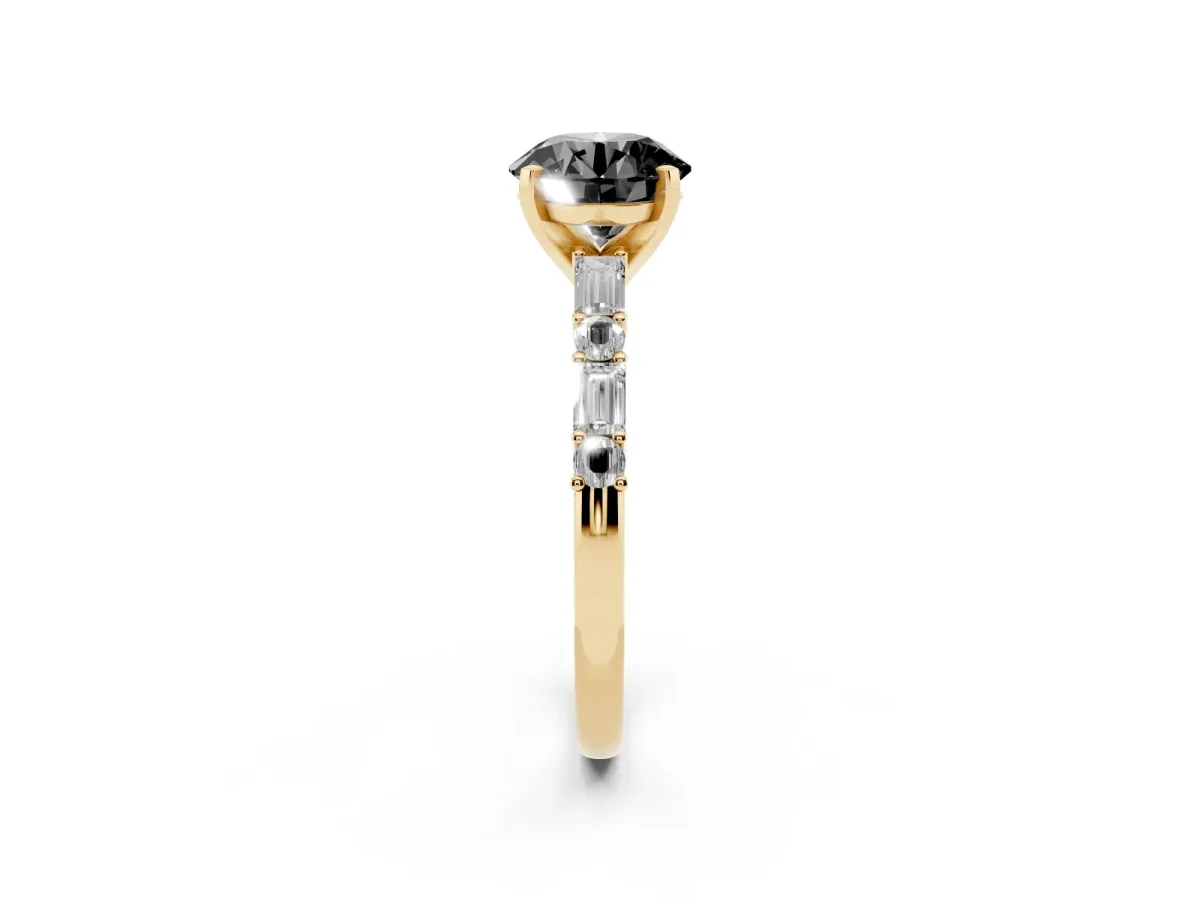 Fancy Black Round Cut Diamond Solitaire with Side Baguettes and Channel Set Band Yellow gold