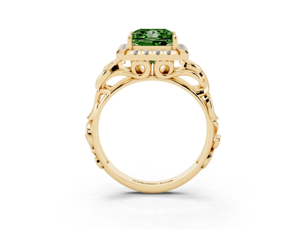 Fancy Green Princess Cut Cut Halo Diamond Ring with Scrollwork Band and Four-Prong Setting Yellow gold