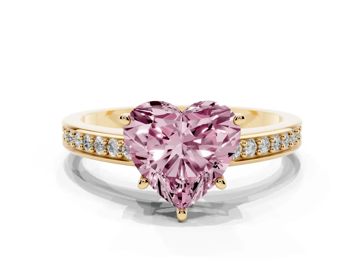 Fancy Pink Heart Cut Solitaire Pavé Band Prong Setting Ring Yellow gold