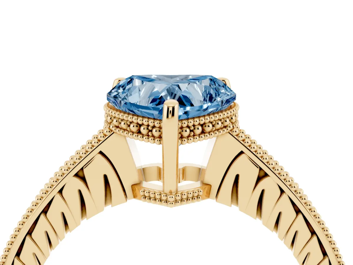 Fancy Blue Heart Cut Solitaire Pavé Diamond Milgrain Engagement Ring with Four-Prong Setting Yellow gold