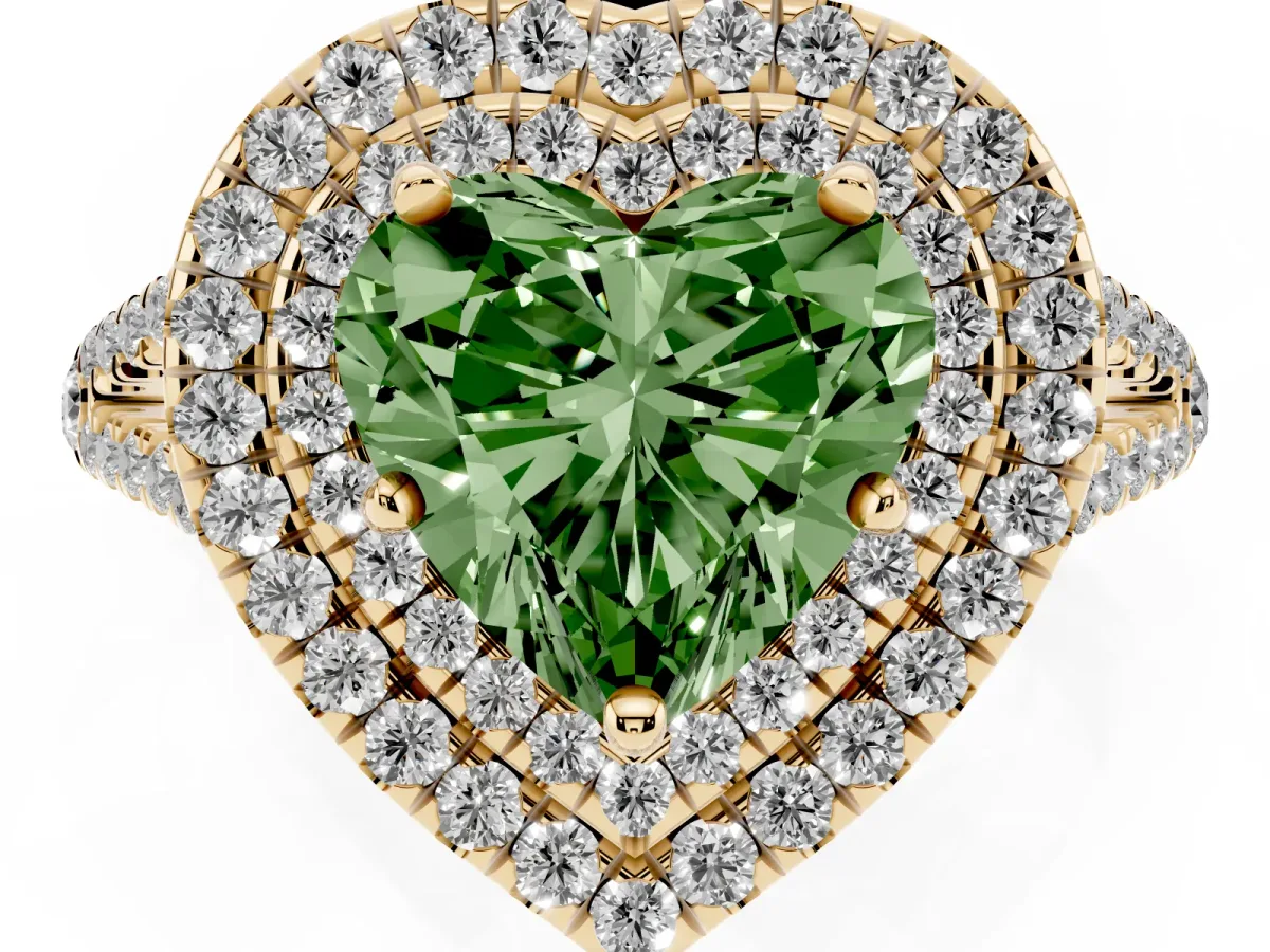 Fancy Green Heart Cut Diamond Double Halo Ring with Pavé Band and Prong Setting Yellow gold