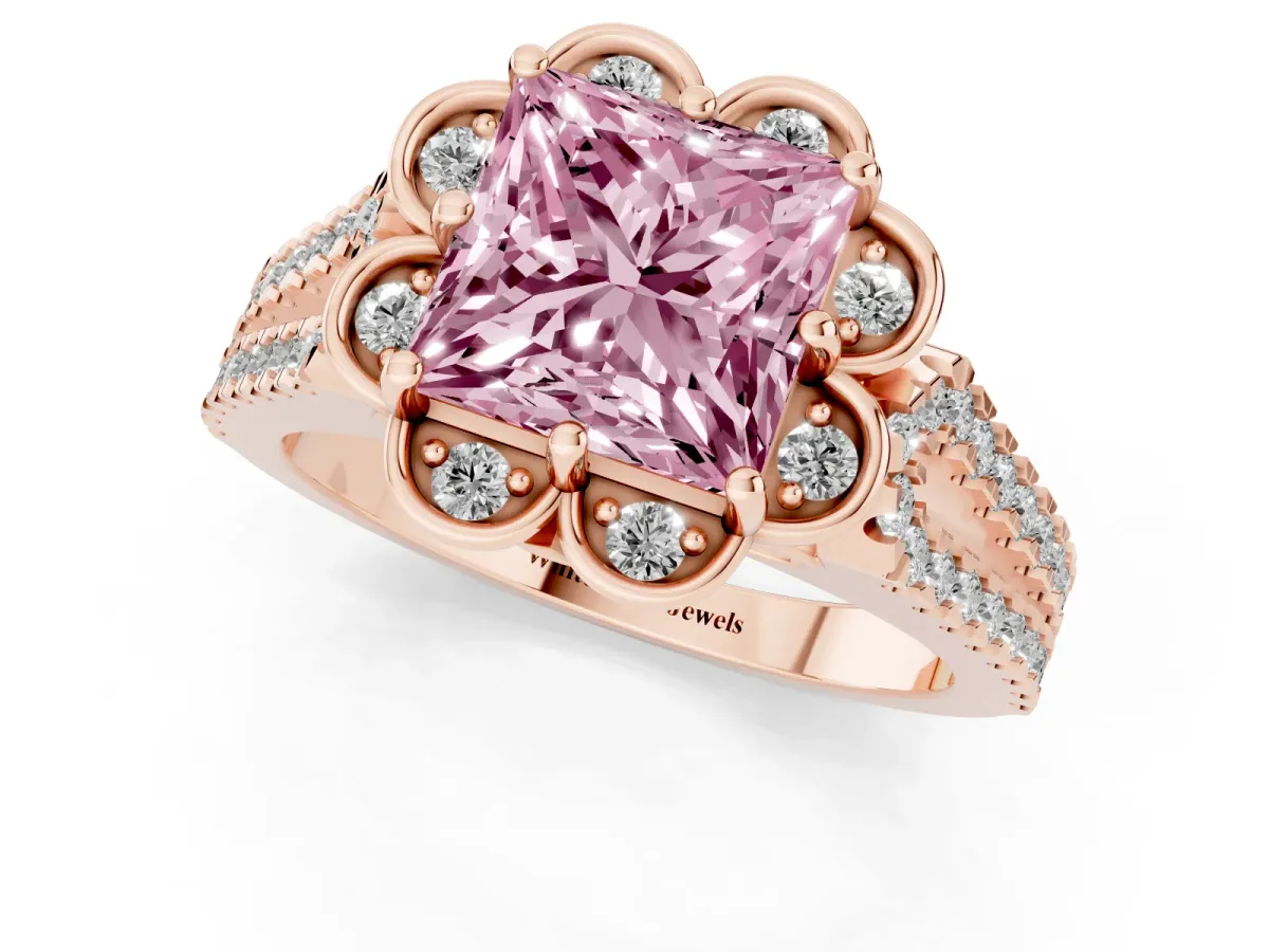 Fancy Pink Princess Cut Halo Diamond Floral Split Shank Engagement Ring Rose gold