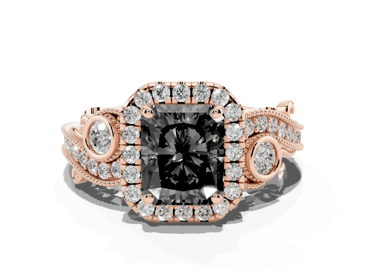 Fancy Black Radiant Cut Halo Diamond Ring with Milgrain and Bezel Accents on a Split Shank Band Rose gold