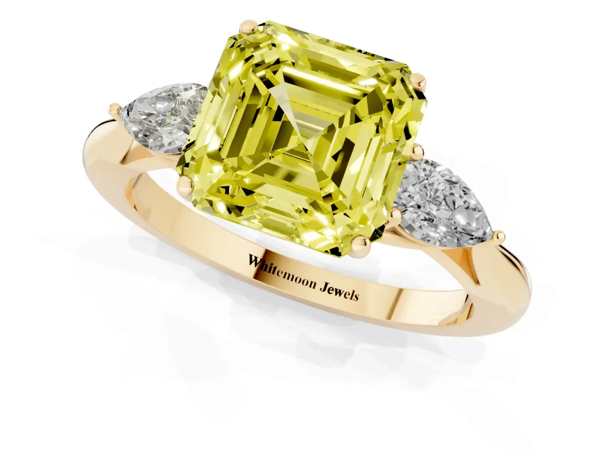 Fancy Yellow Three-Stone Asscher Cut Brilliant Diamond Solitaire Ring with Tapered Band and Four-Prong Setting Yellow gold