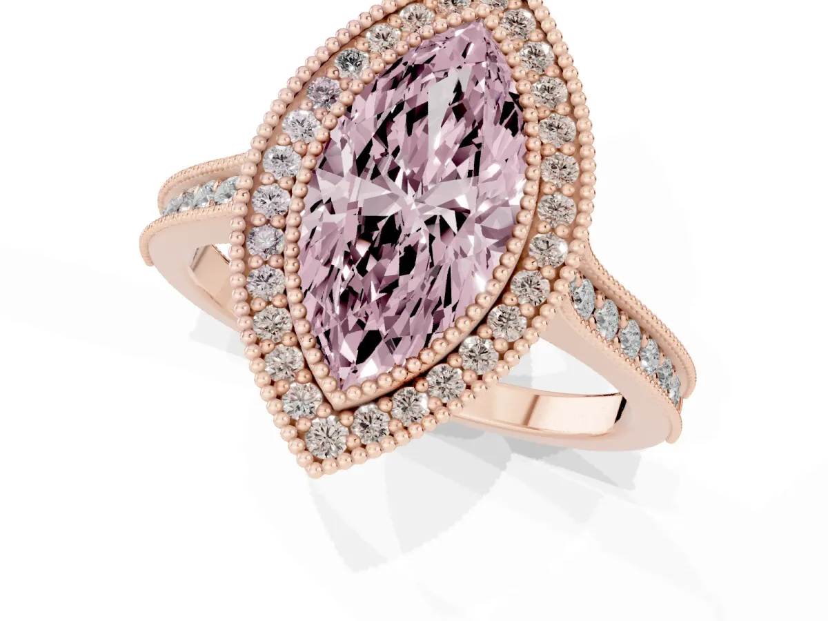 Fancy Pink Halo Marquise Cut-Cut Diamond Pave Band Milgrain Prong Setting Ring Rose gold