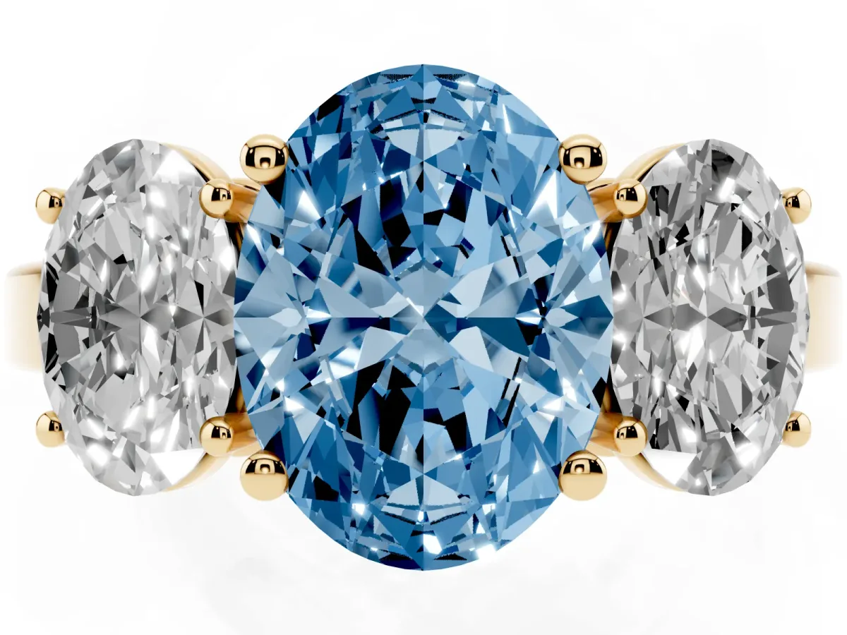 Fancy Blue Three-Stone Oval Cut Cut Diamond Engagement Ring with Flat Band and Four-Prong Setting Yellow gold