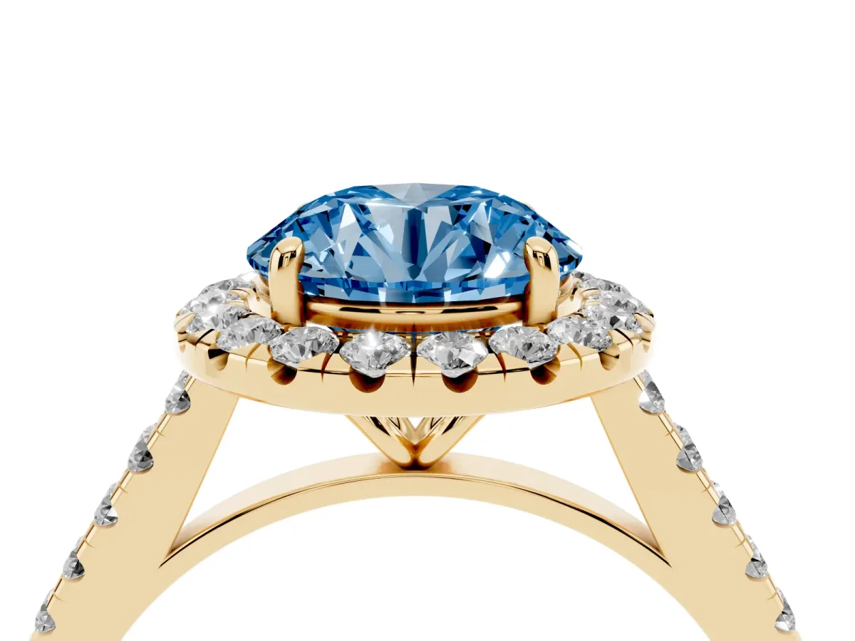 Fancy Blue Round Cut Halo Pave Diamond Engagement Ring with Four-Prong Setting Yellow gold