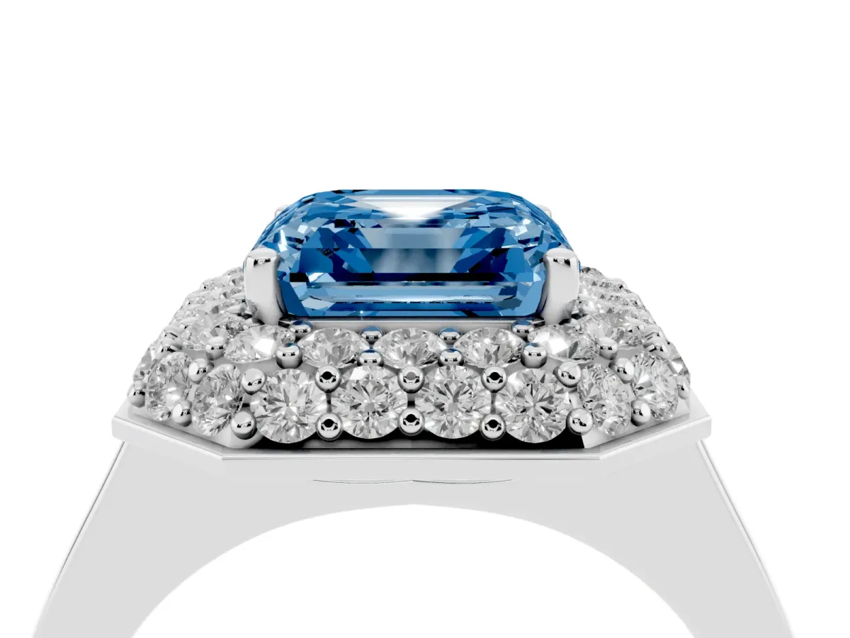 Fancy Blue Asscher Cut Halo Diamond Engagement Ring with Solitaire Band and Four-Prong Setting Platinum