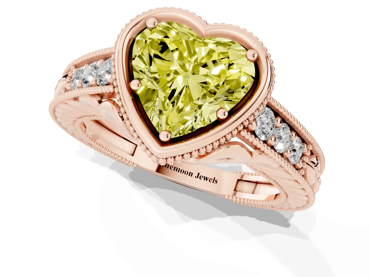 Fancy Yellow Bezel Set Heart Cut Diamond Milgrain Pave Engagement Ring Rose gold