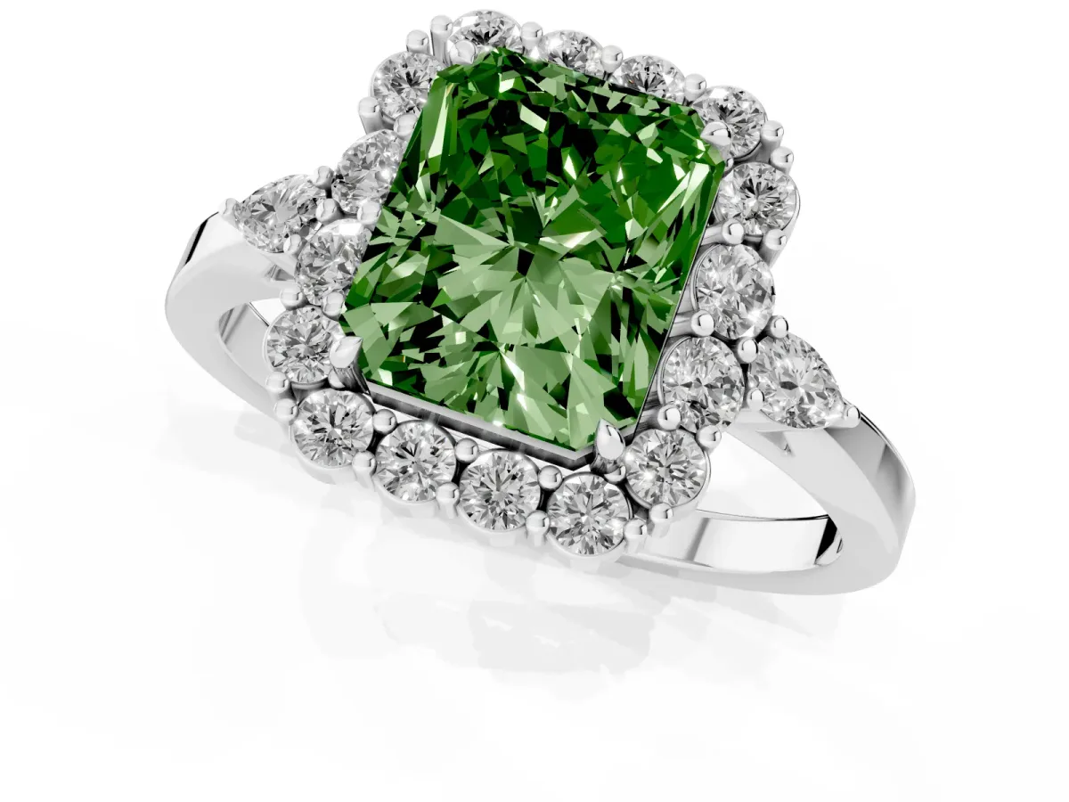 Fancy Green Radiant Cut Diamond Halo Ring with Pear Side Stones and Prong Setting Platinum