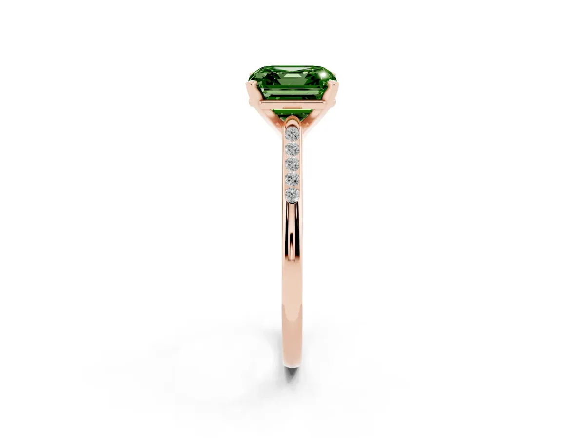 Fancy Green Asscher Cut Diamond Solitaire Ring with Channel Set Round Band and Prong Setting Rose gold