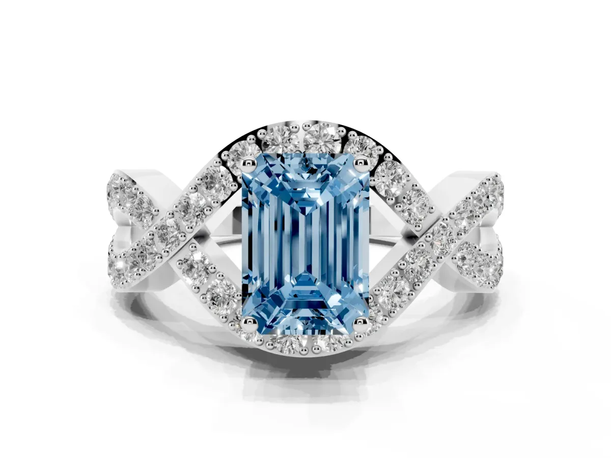 Fancy Blue Emerald Cut Solitaire Twist Band Pavé Diamond Engagement Ring Silver