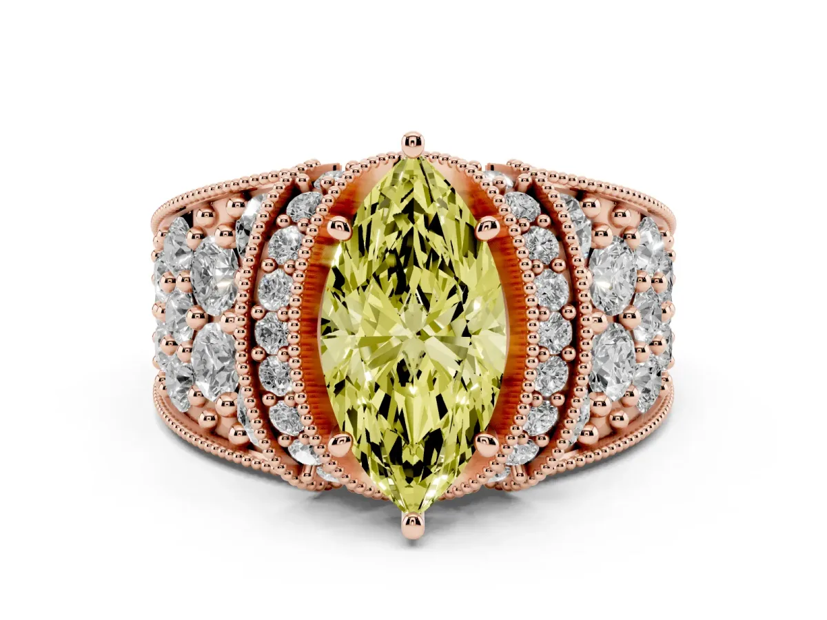 Fancy Yellow Marquise Cut Halo Pave Diamond Engagement Ring with Milgrain Detailing Rose gold
