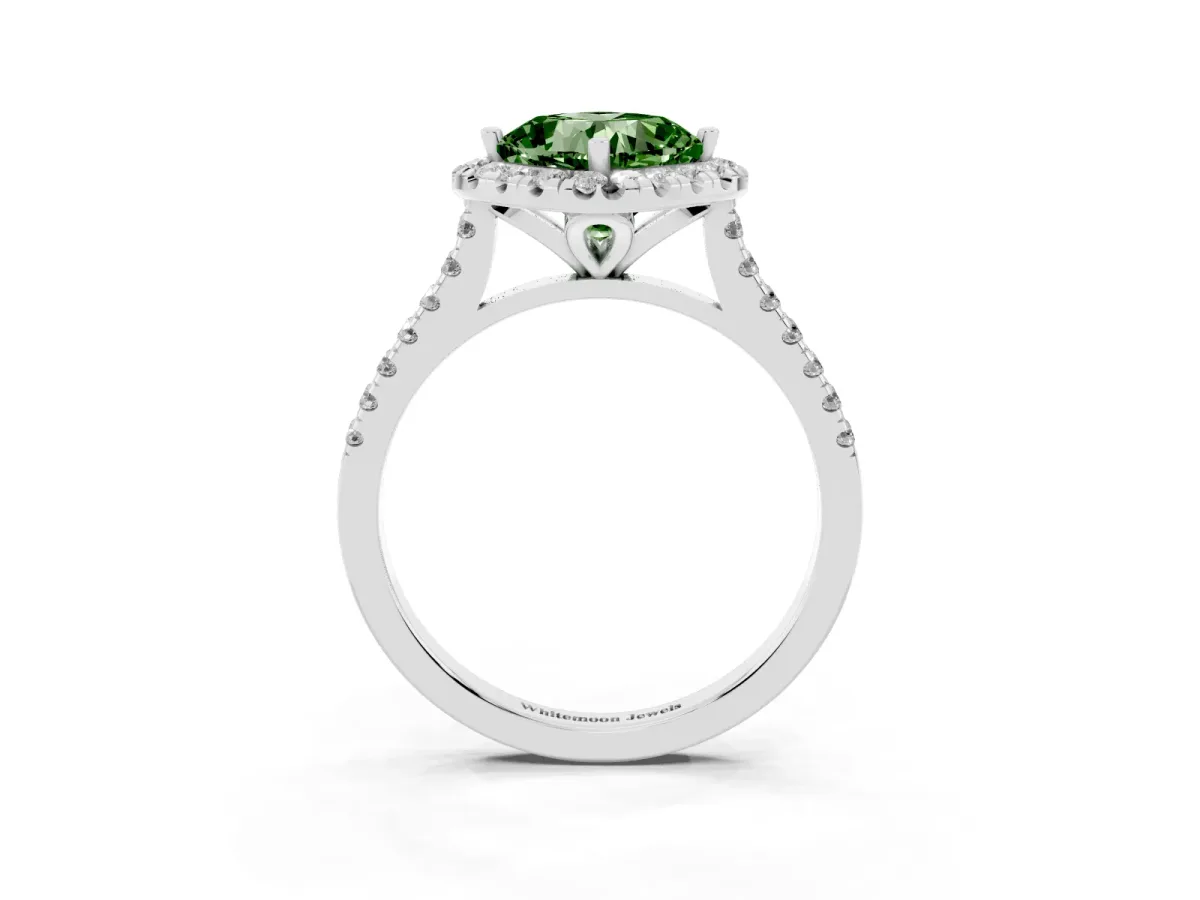 Fancy Green Cushion Cut Diamond Cushion Halo Ring with Pavé Band Silver