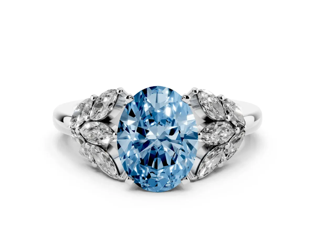 Fancy Blue Oval Cut Diamond Cluster Leaf Design Ring with Prong Setting Silver