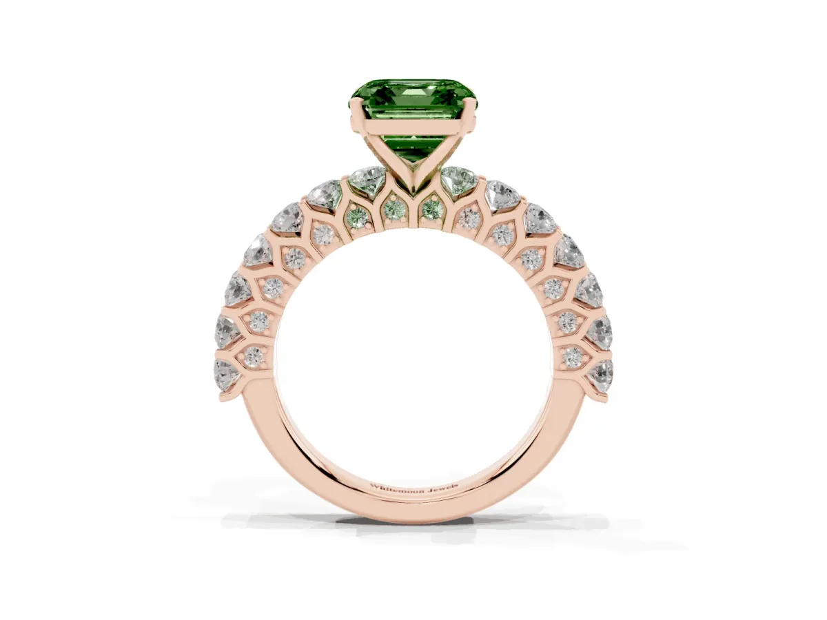 Fancy Green Asscher Cut Diamond Solitaire Ring with Shared Prong Pavé Band and Four-Prong Setting Rose gold