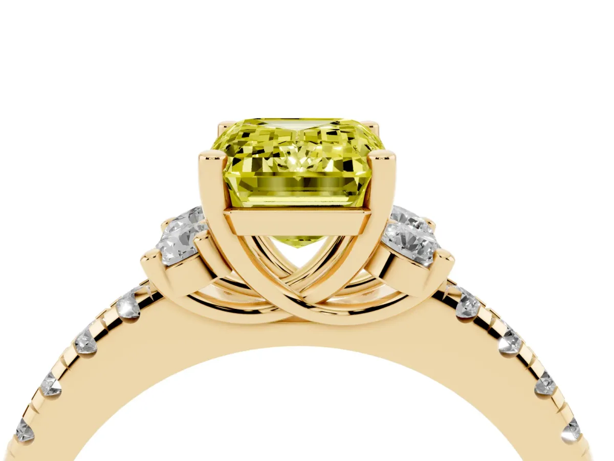 Fancy Yellow Emerald Cut Diamond Three-Stone Pave Band with Four-Prong Setting Yellow gold