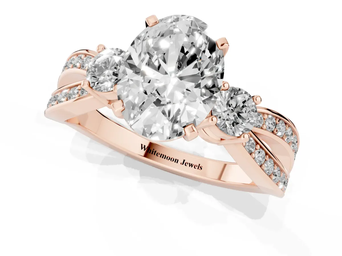 Three-Stone Oval Cut Cut Diamond Twist Band with Prong Setting Rose gold