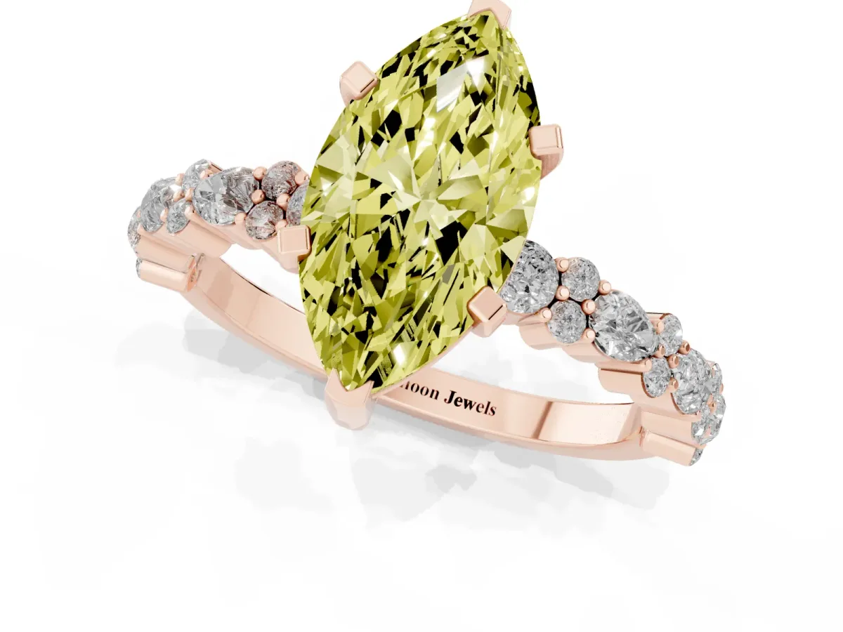 Fancy Yellow Marquise Cut Diamond Side Stone Solitaire Ring with Round and Four-Prong Setting Rose gold