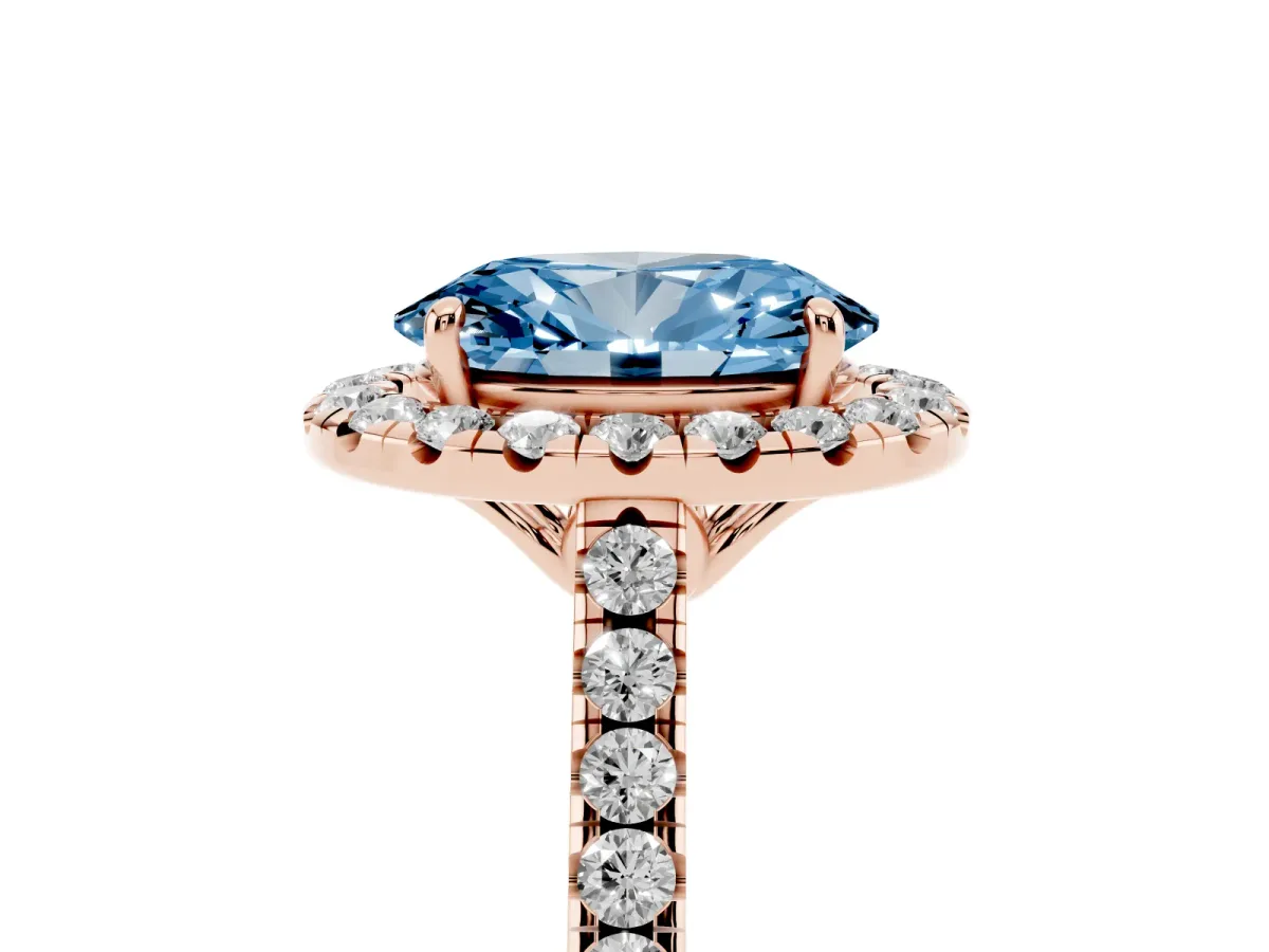 Fancy Blue Oval Cut Halo Pavé Diamond Engagement Ring with Four-Prong Setting Rose gold