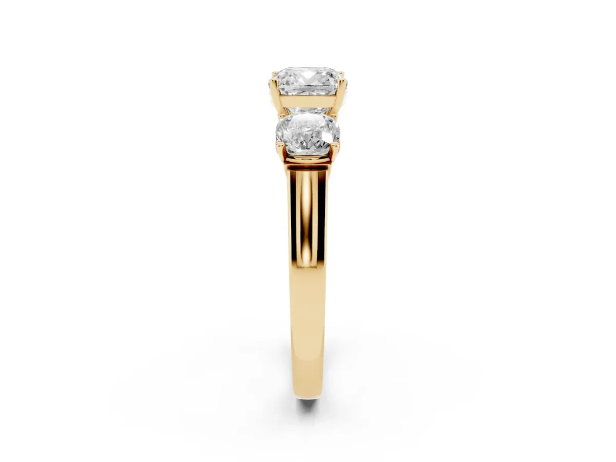 Three-Stone Cushion Cut Brilliant Diamond Trellis Ring with Comfort Fit Band Yellow gold